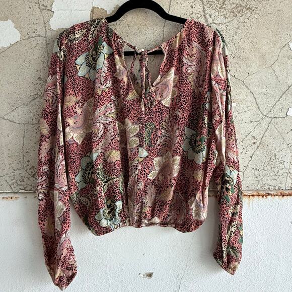 Boho Peasant Top Animal Print Floral Blouse 100% Rayon Long Sleeve Women's S - Picture 5 of 6